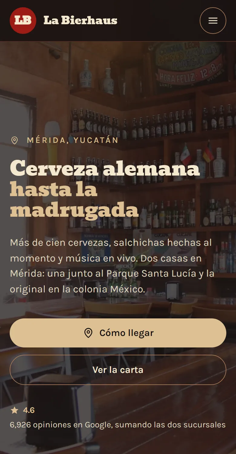 Página de La Bierhaus vista en un celular, con el botón de cómo llegar y las reseñas de Google
