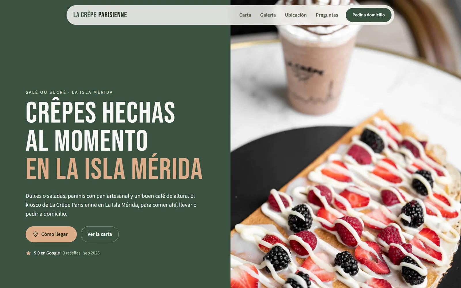 Página de La Crêpe Parisienne vista en una computadora: crêpes hechas al momento en La Isla Mérida