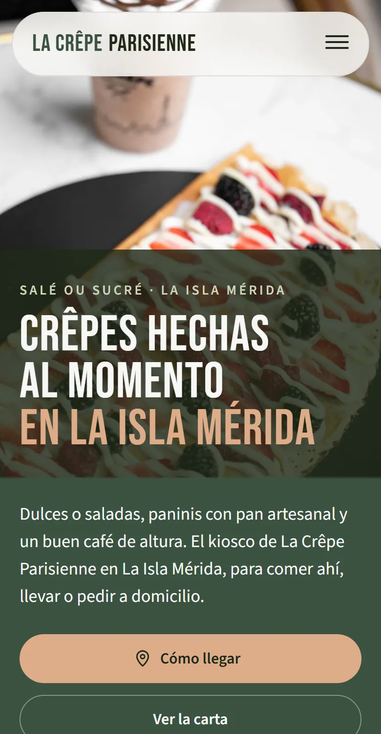 Página de La Crêpe Parisienne vista en un celular, con el botón de cómo llegar y el horario